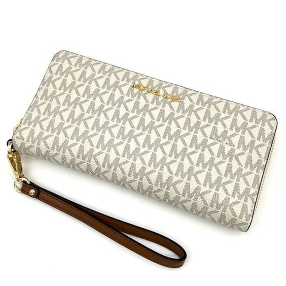Michael Kors Large Continental Wallet Wristlet Vanilla/Brown - Picture 1 of 10